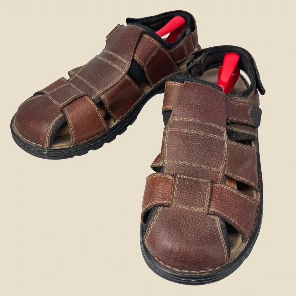 Hush Puppies Sandals Men 15 EW Brown Leather Gulf Fisherman Hook And Loop Strap